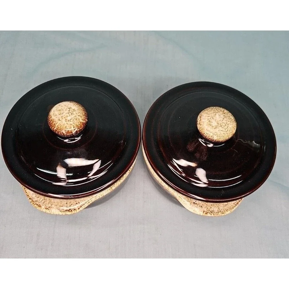 Crock Casseroles Chili Soup Bowls w/ Lids Pfaltzgraff Gourmet Brown Drip Glaze